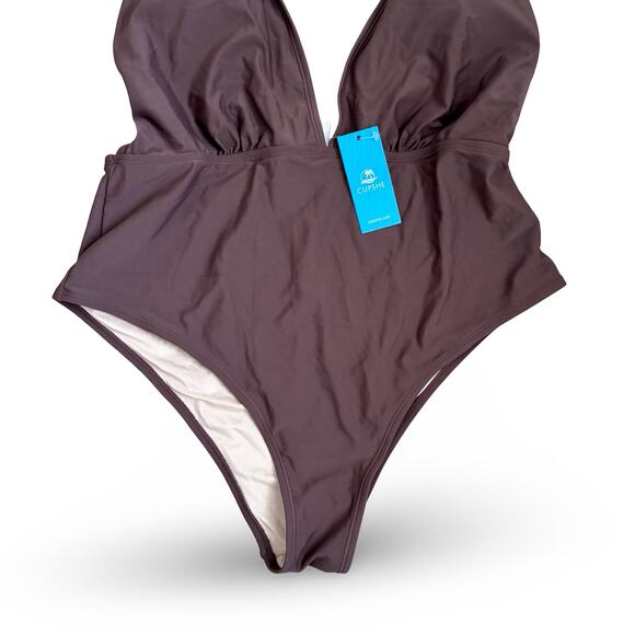 Cupshe Women’s L One Piece Swimsuit Brown Halter Deep V Plunge Monokini NWT - Picture 4 of 5